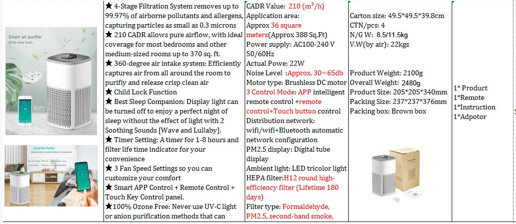 Mi APP Smart Air Purifier Tuya Alexa Remote Control Ozone Genrator HEPA Composite Filter Disinfection Machine For Home Purificad