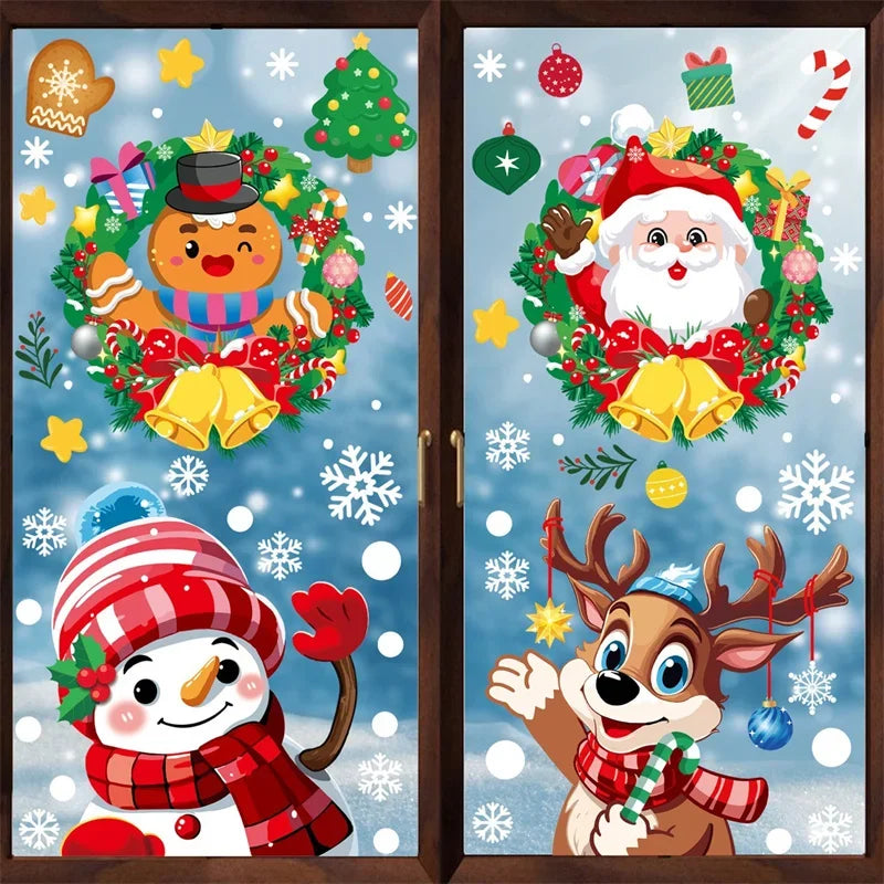 Merry Christmas 2024 Window Decoration Stickers Electrostatic Glass Decals Santa Claus Snowman Snow Flake Pattern Xmas Ornaments