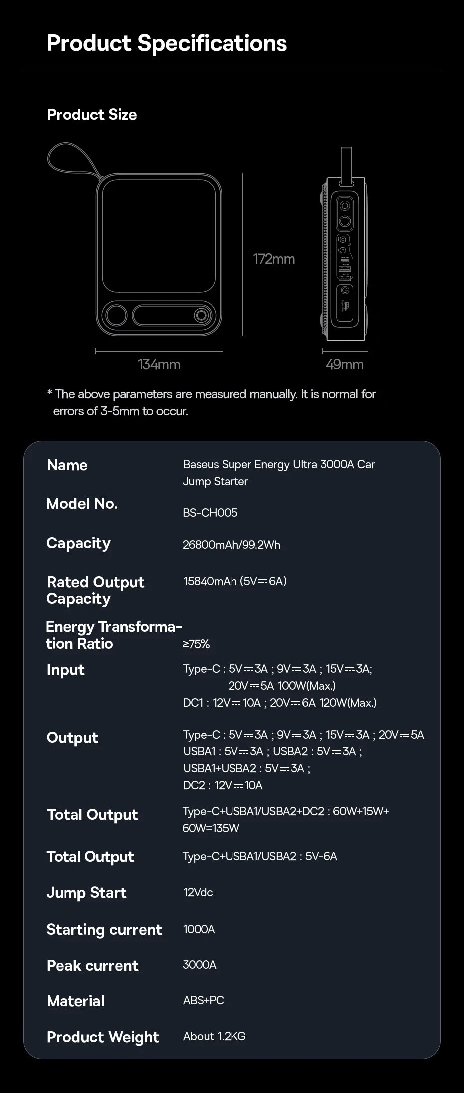 Baseus 3000A Car Jump Starter Power Bank 26800mAh Car Starting Device with PD 100W Fast Charging Car Battery Charger Booster