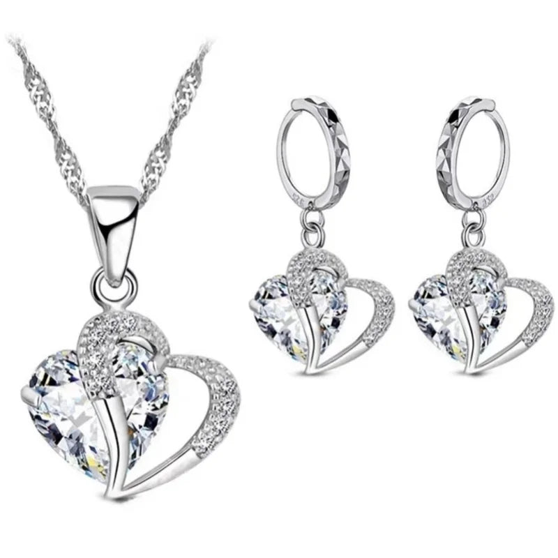 Luxury Women 925 Sterling Silver Cubic Zircon Necklace Pendant Earrings Sets Cartilage Piercing Jewelry Wedding Heart Design