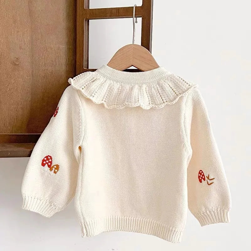 Baby Girl Knit Cardigan  0-3Y | Autumn Winter Cotton Sweater with Embroidered Mushrooms | Toddler and Kids Girls' Coat