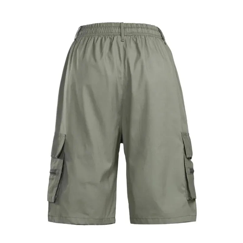 Outdoor Cargo Shorts Male Overalls Elastic Waist Cycling Shorts Multi-pockets Loose Work Sport Knee Length Trousers