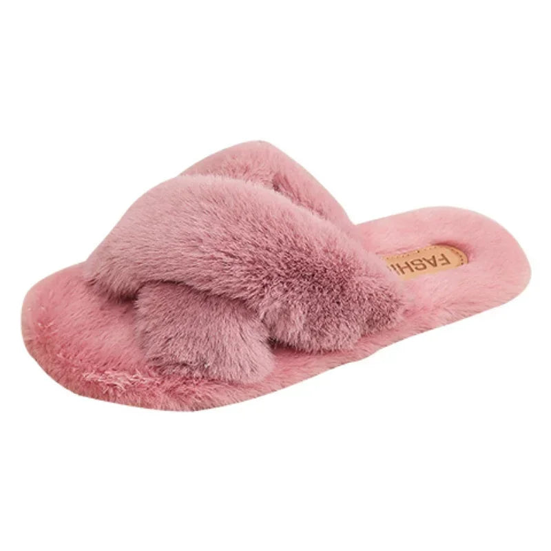 Women Fashion Warm Fluffy Slippers Cozy Faux Fur Cross Indoor Floor Slides Flat Soft Furry Ladies Female Celebrities Flip Flops