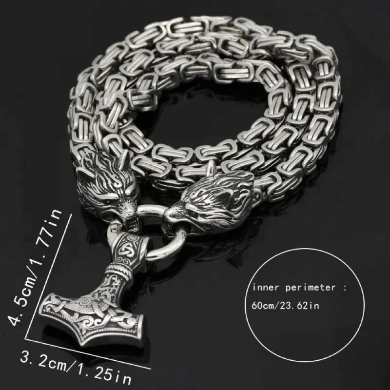 Fashionable And Exquisite New Retro Nordic Viking Hammer Pendant Wolf Head Necklace For Personalized Men'S Amulet Jewelry Gift