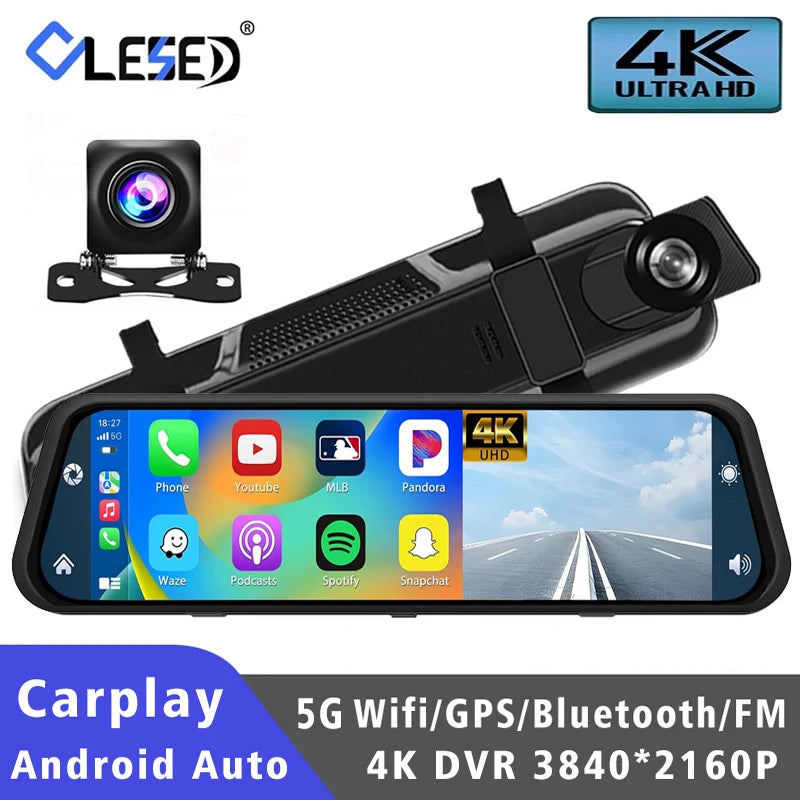 10 英寸行车记录仪 4K 3840*2160P 车载 DVR Carplay Android Auto GPS 5G WIFI AUX Stream 后视镜行车记录仪摄像头行车记录仪 FM