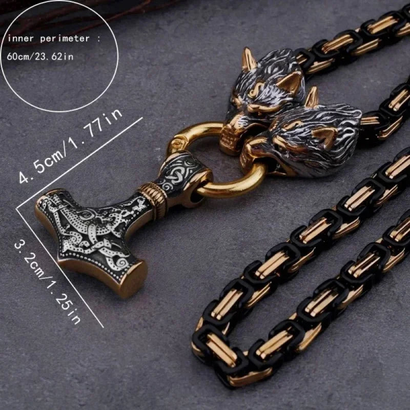 Fashionable And Exquisite New Retro Nordic Viking Hammer Pendant Wolf Head Necklace For Personalized Men'S Amulet Jewelry Gift