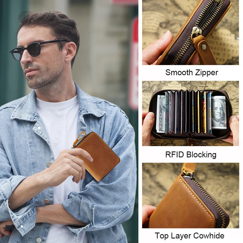 Top Layer Cowhide Airtag Card Bag Retro Genuine Leather RFID Blocking Credit Card Holder Anti-lost Men Women Coin Purse