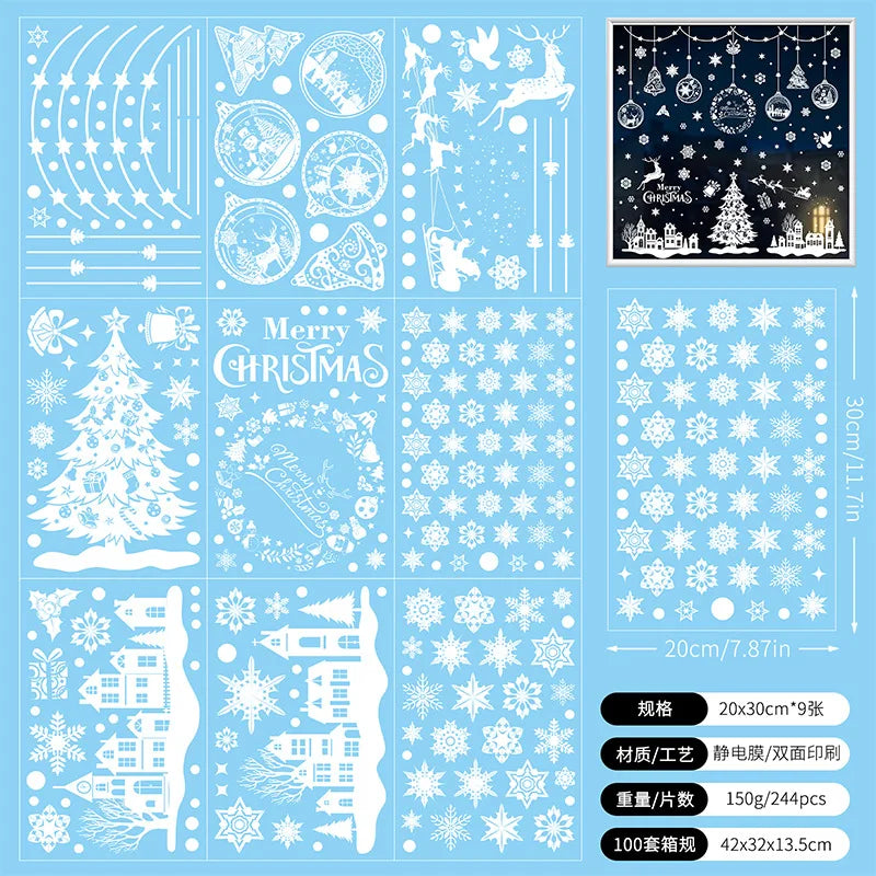 Double-Sided Christmas Window Clings Designs Snowflake Static Stickers Decoration White Xmas Ornaments Reusable Party Supplies