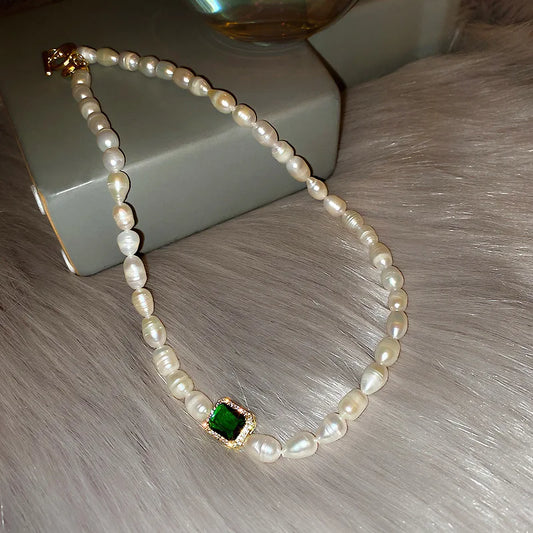 100% Natural Freshwater Pearl Trendy Green Square Crystal 14K Gold Filled Ladies Chain Necklace Jewelry For Women Gifts