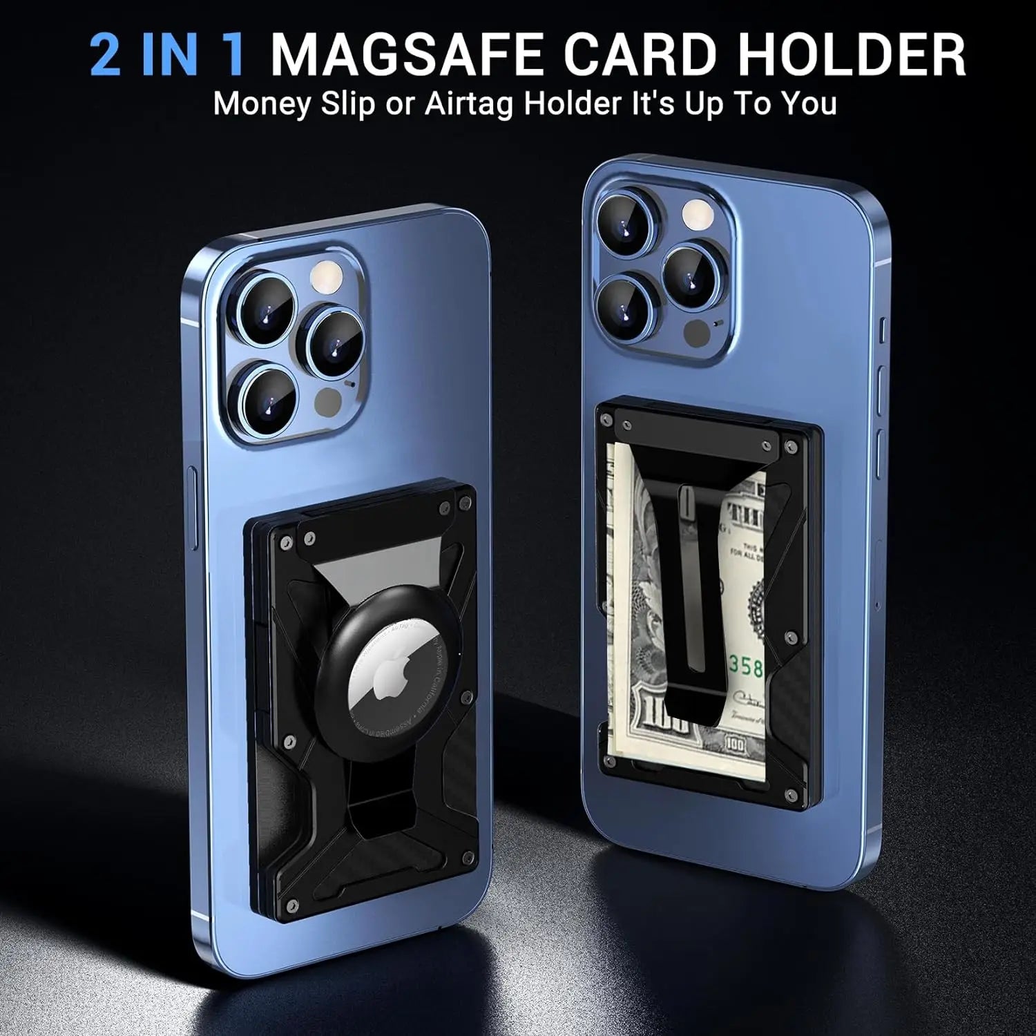 Mag Safe Wallet Money Clip, 2 in 1 Air Tag Holder and Money Clip, [With1 Magnetic Sheets], for Magnetic and Non-Magnetic Phones