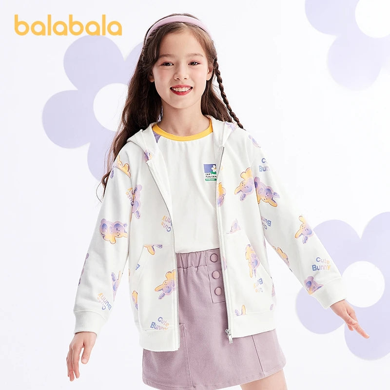 Balabala Kids Girl Jackets Spring and Autumn Hooded Rabbit Print Sweet Knitted Long-Sleeve Jacket