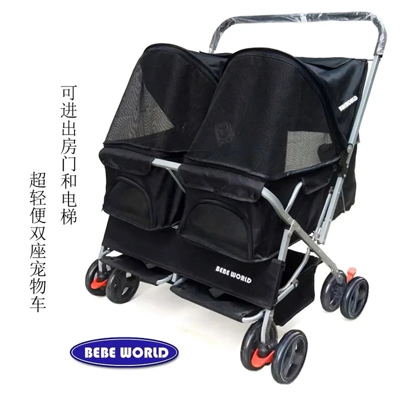 Two-seater pet cart,two-bedroom bed cart,ultra-light foldingdetachable and washable cat and dogwidened nursingout-going pet cart