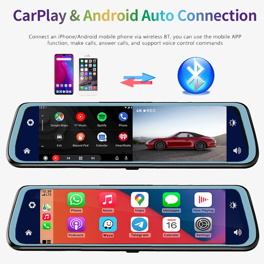 4K UHD 2160P Carplay Android Auto Dash Cam Stream RearView Mirror GPS Navi 5G WIFI Car DVR Video Camera Recorder FM Transmitter