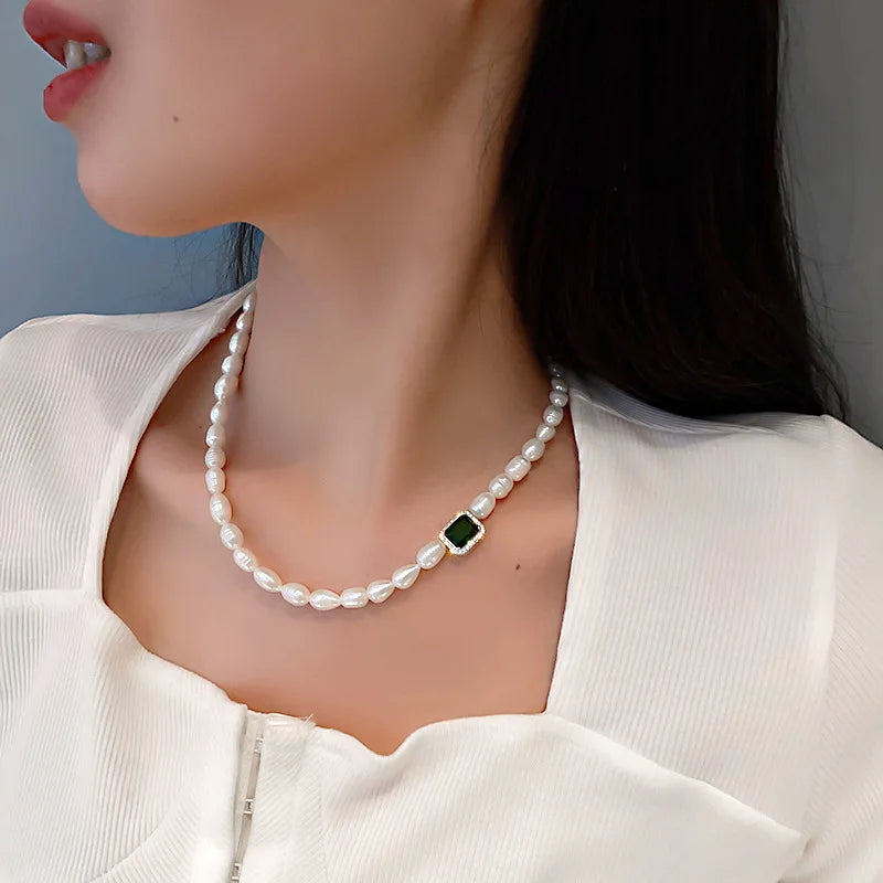 100% Natural Freshwater Pearl Trendy Green Square Crystal 14K Gold Filled Ladies Chain Necklace Jewelry For Women Gifts