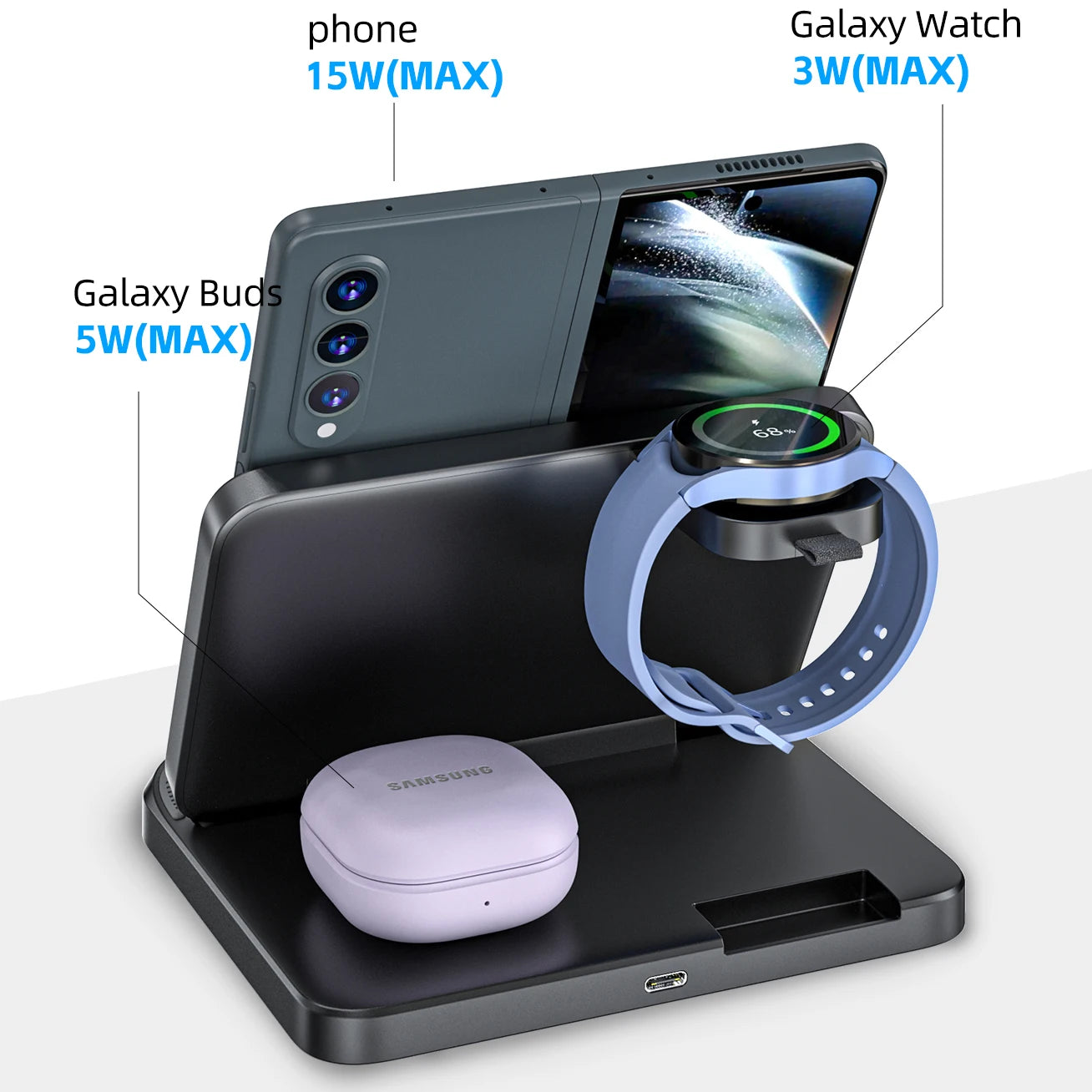 Foldable Wireless Charger Stand for Samsung Galaxy Z Fold 5 4 3 S24 S23 Ultra Fast Charging Dock Station Watch 7 6 Buds Pro