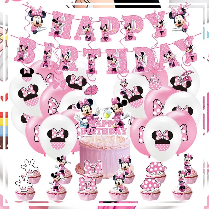 Disney Minnie Mouse Birthday Decoration Supplies Minnie Theme Party Tableware Balloons Cup Plate Balloon Baby Shower For Girls