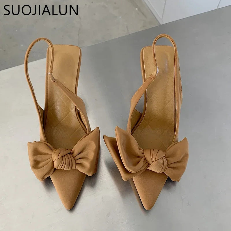 2024 Summer Brand Women Slingback Sandals Heeled Shoes Fashion Bow-knot Pointed Toe Slip on Ladies Elegant Dress Pumps Shoes