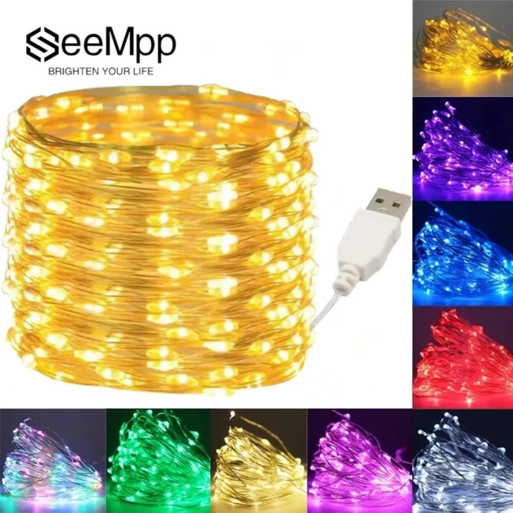 سلسلة مصابيح LED USB بطول 20 متر و200 مصباح LED سلك فضي في الهواء الطلق مقاومة للماء لتزيين حفلات الزفاف وأعياد الميلاد