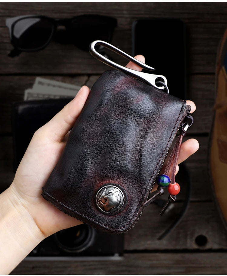 Vintage Cow Leather Coin Purse for Men Handmade Genuine Leather Change Pouch Key Holder Card Slot Storage Bag with Zipper