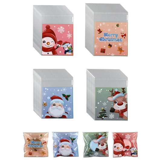 100pcs Christmas Candy Cookie Bags Self-Adhesive Gift Packaging Biscuit Snack Baking Bag Navidad Xmas Supplies New Year Party