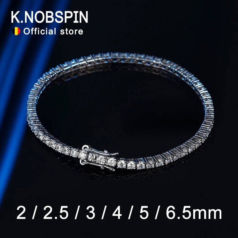 KNOBSPIN 2mm 莫桑石网球手链 925 纯银镀白金手链 适合女士男士闪亮派对珠宝