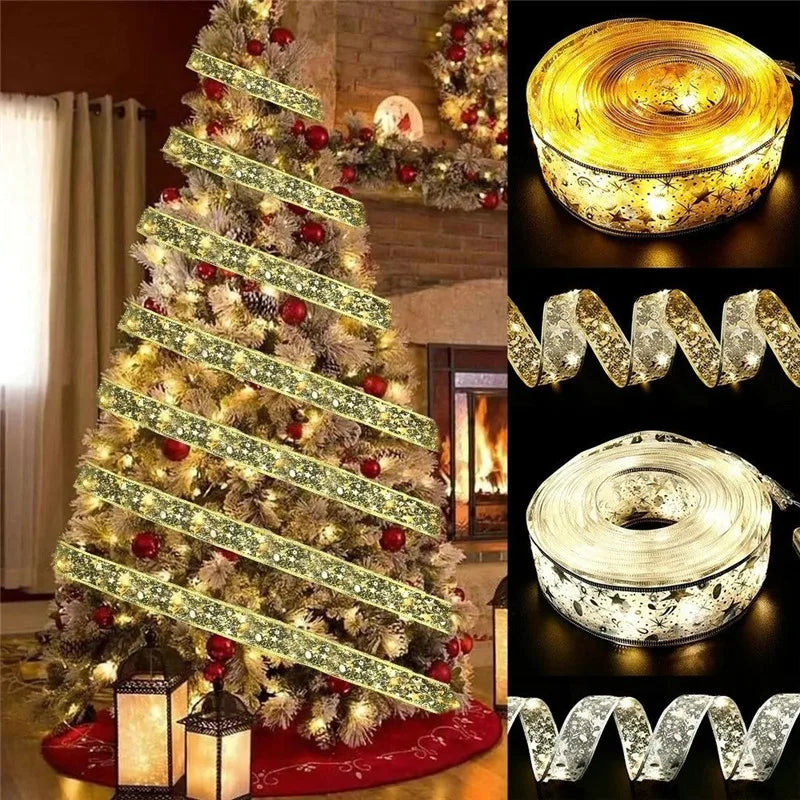 Christmas Decoration LED Ribbon Fairy Lights Christmas Tree Ornaments for Home 2025 DIY Bows Light String Navidad New Year 2025