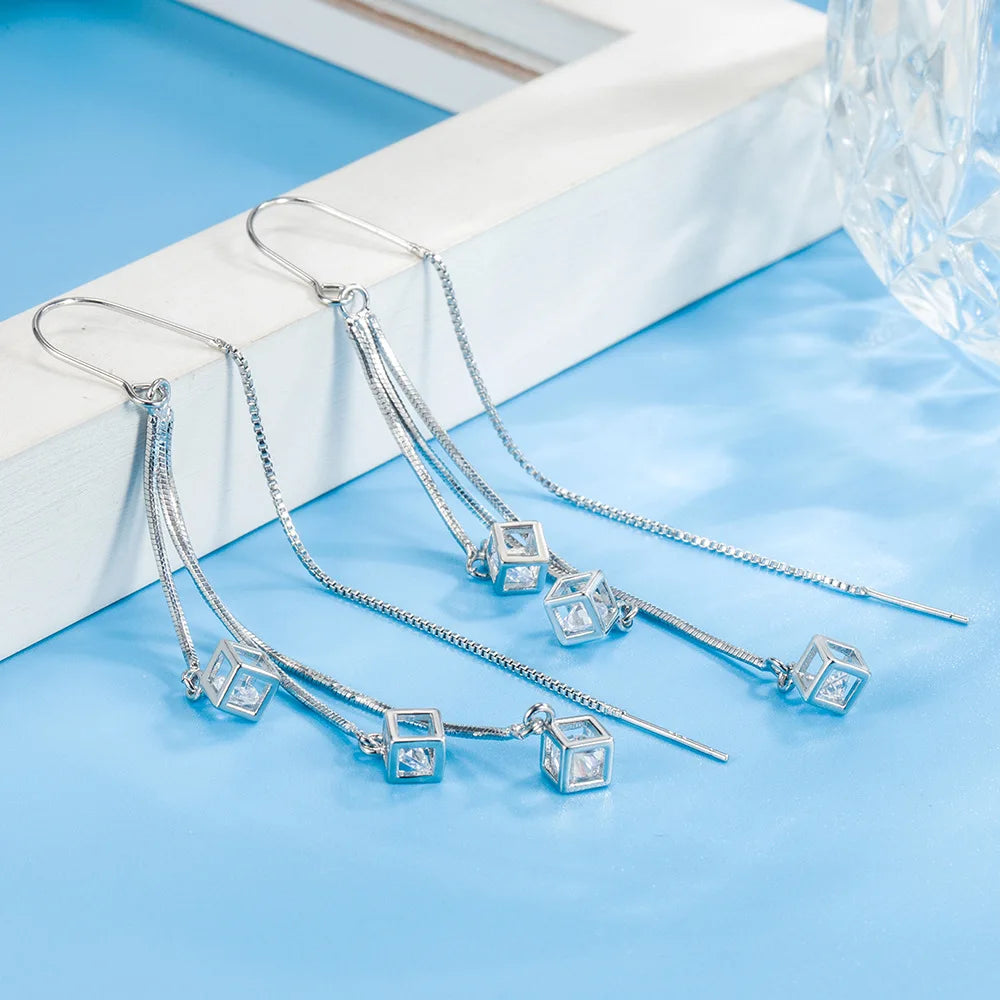 Fanqieliu Real 925 Sterling Silver Square Crystal Long Drop Earrings For Women Trendy Jewelry New FQL22275