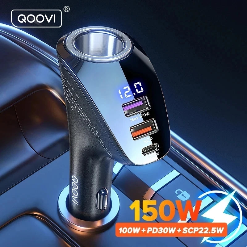 QOOVI 150W 车载充电器 USB Type C 超级快速充电 PD 4.0 快速充电 3.0 点烟器插座适用于 iPhone 小米 三星