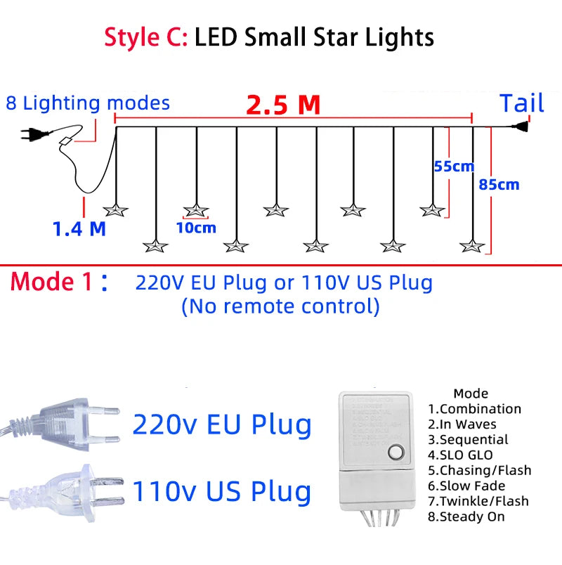 LED Star Lamp Curtain Garland Fairy String Lights Christmas Decoration Outdoor For Holiday Wedding Party 2023 New Year Decor