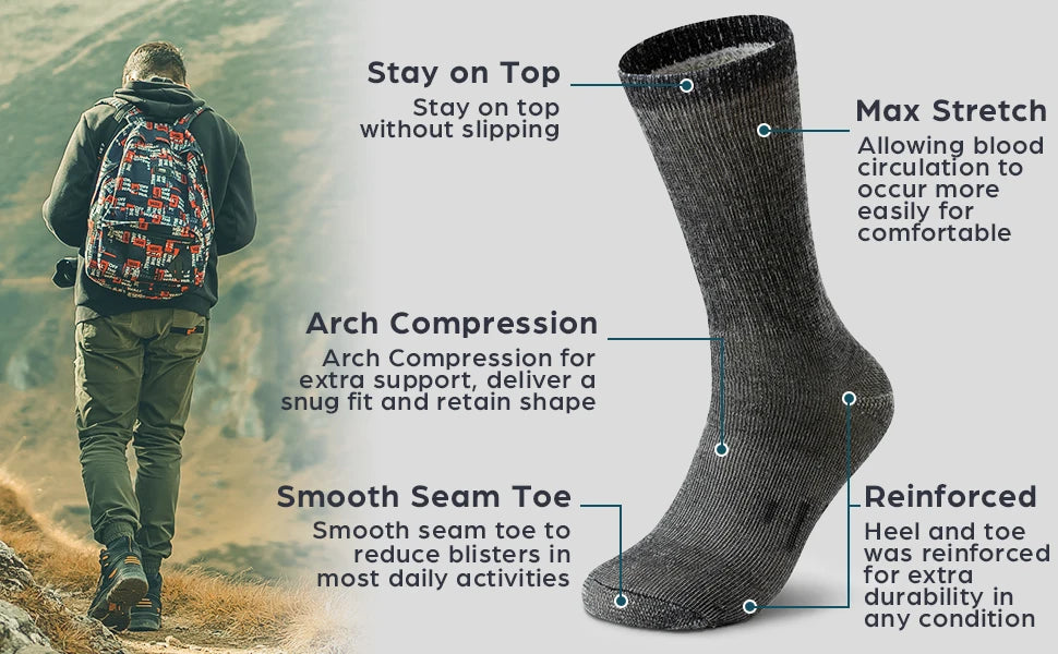 Mens 90% Merino Wool Hiking Cushion Socks Thermal Warm Crew Winter Boot Socks for Skiing Hiking Moisture Wicking