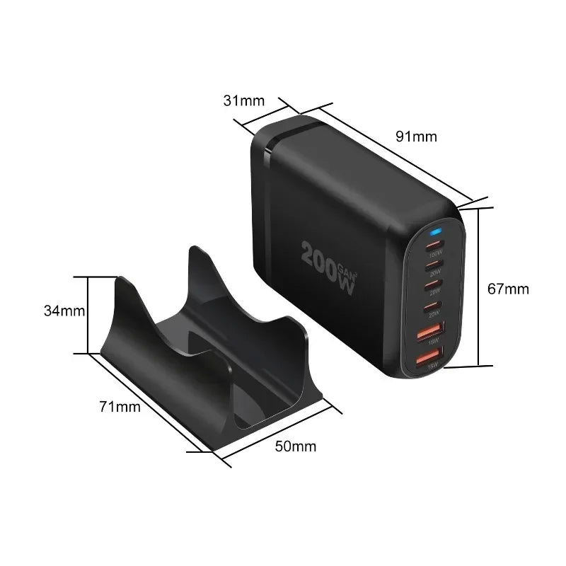 New 200W GaN Desktop Phone Charger 6-port USB Type C PD Charger QC3.0 For iPhone Samsung Xiaomi Fast Charger Mobile USB Charger