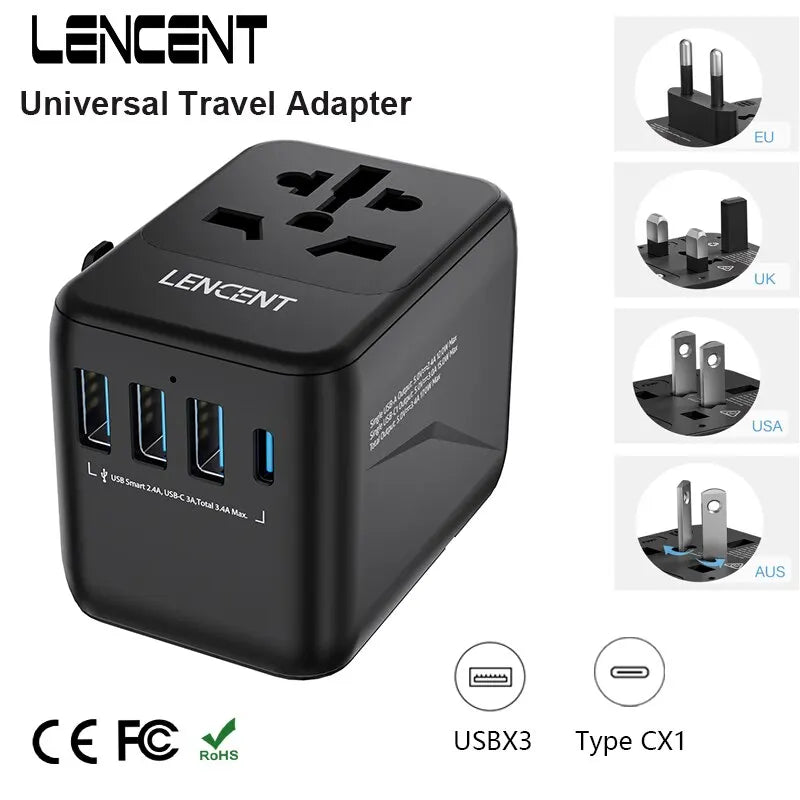 LENCENT 通用旅行适配器，带 3 个 USB 端口 1Type-C PD 充电一体式旅行适配器欧盟/英国/美国/澳大利亚旅行插头