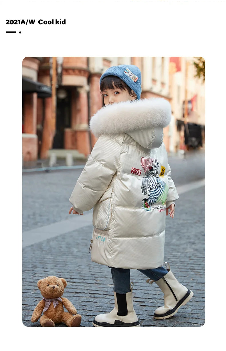 RAISE Korean Winter Kid Girl Down Jacket Colorful Bear Print Waterproof Thicken Baby Girl Outerwear 5-14 Year Junior Girl Parkas