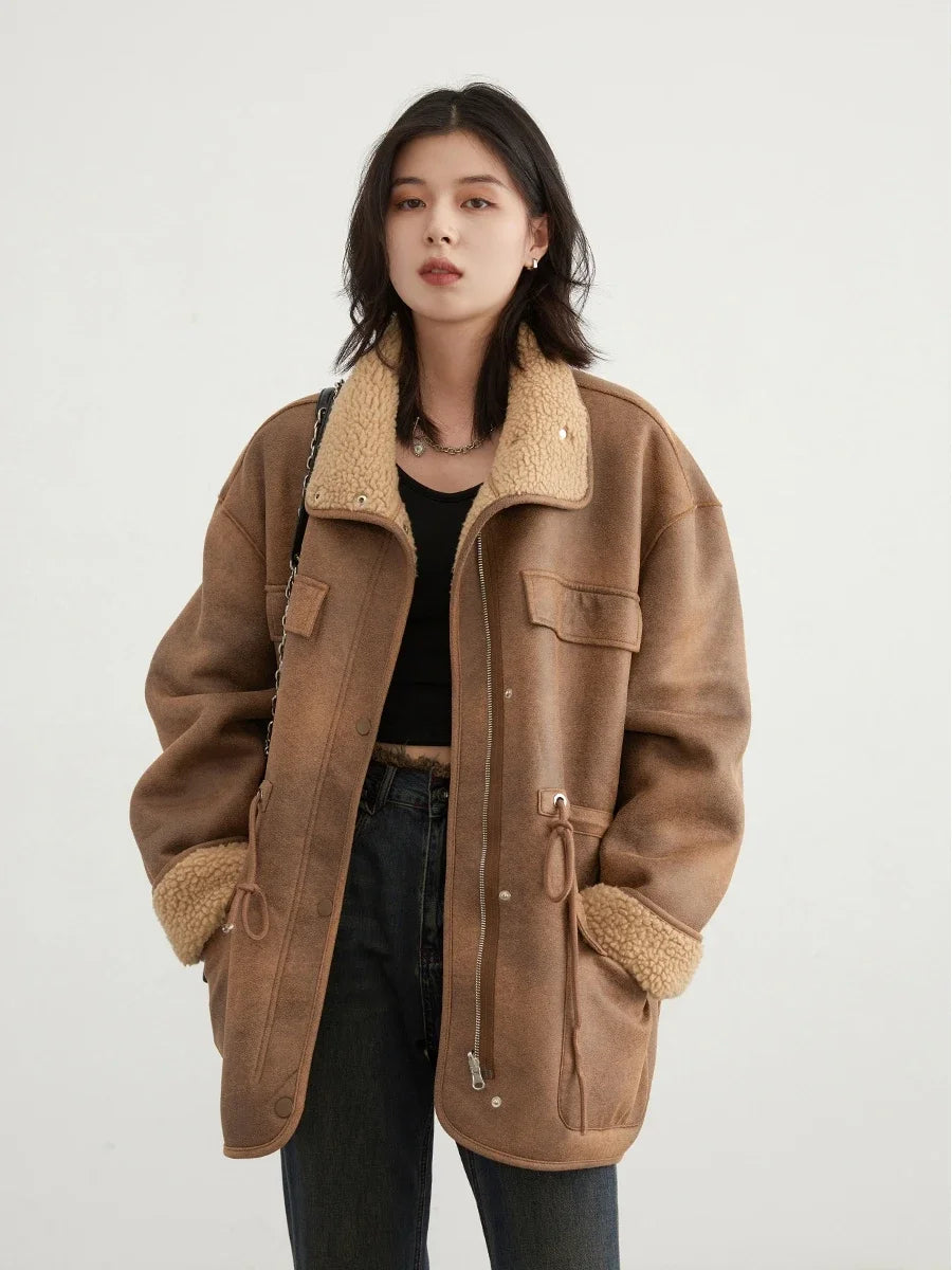 CHIC VEN Women's Jackets Thick Warm Solid Suede Reversible Jacket Motorcycle Outer Coat Loose Female Overcoat Winter Autumn 2023