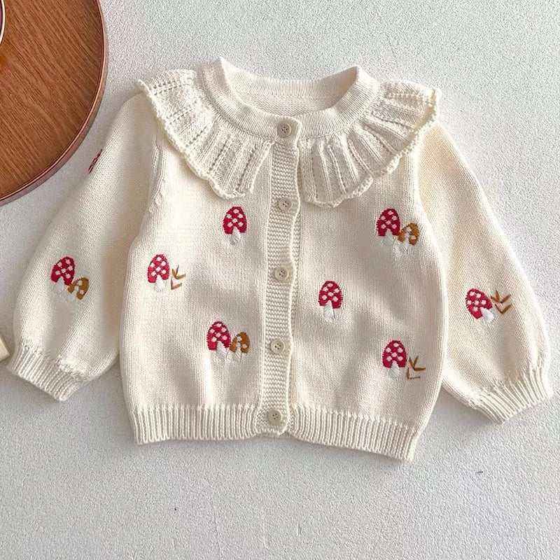 Baby Girl Knit Cardigan  0-3Y | Autumn Winter Cotton Sweater with Embroidered Mushrooms | Toddler and Kids Girls' Coat