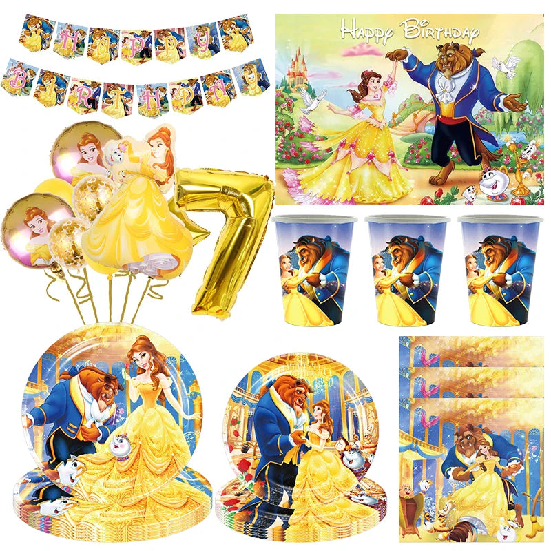 Disney Beauty And The Beast Birthday Party Decoration Kit Supplies Set Girl Tableware Paper Cups Plates Tablecloth Balloons Deco