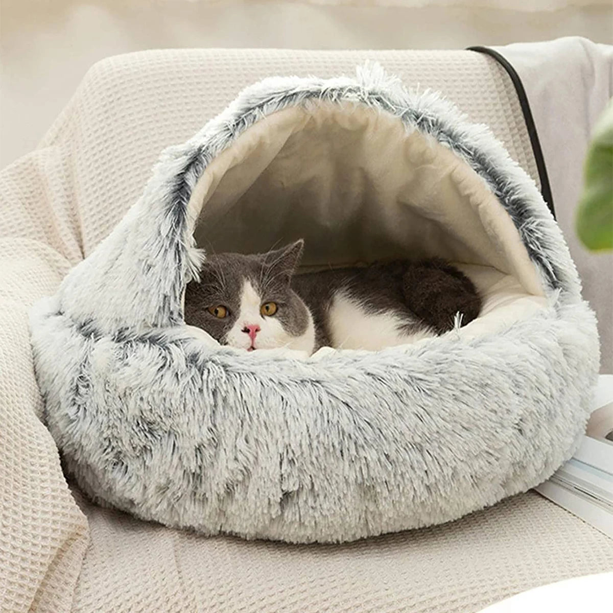 Cat Bed Round Plush Fluffy Hooded Cat Bed Cave, Cozy for Indoor Cats or Small Dog beds, Doughnut Calm Anti-nxiety Dog Bed