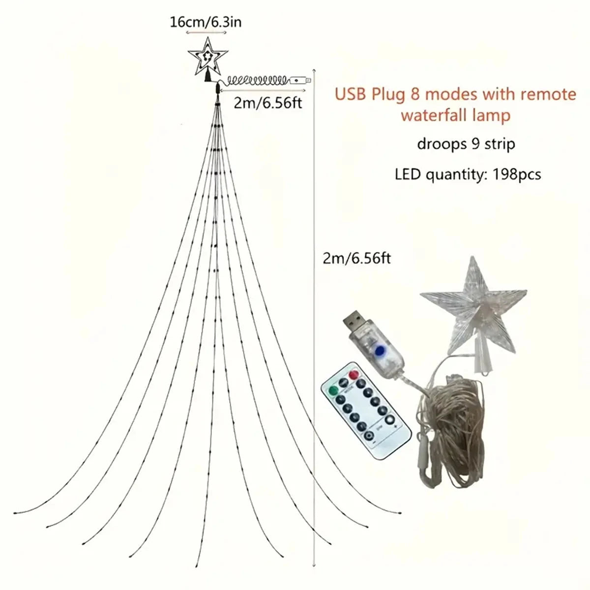 1PC 198 LED Star Waterfall Lights With 8 Modes USB Powered & Remote Control Camping Light Indoor Outdoor Christmas String Lights