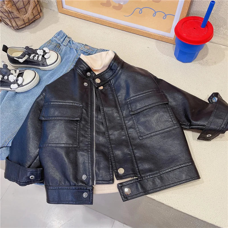 Spring Autumn Children Boys Girls leather jacketJacket 2021 New Fashion Handsome Baby Zipper Coat Kids Outerwear Leather Jacket