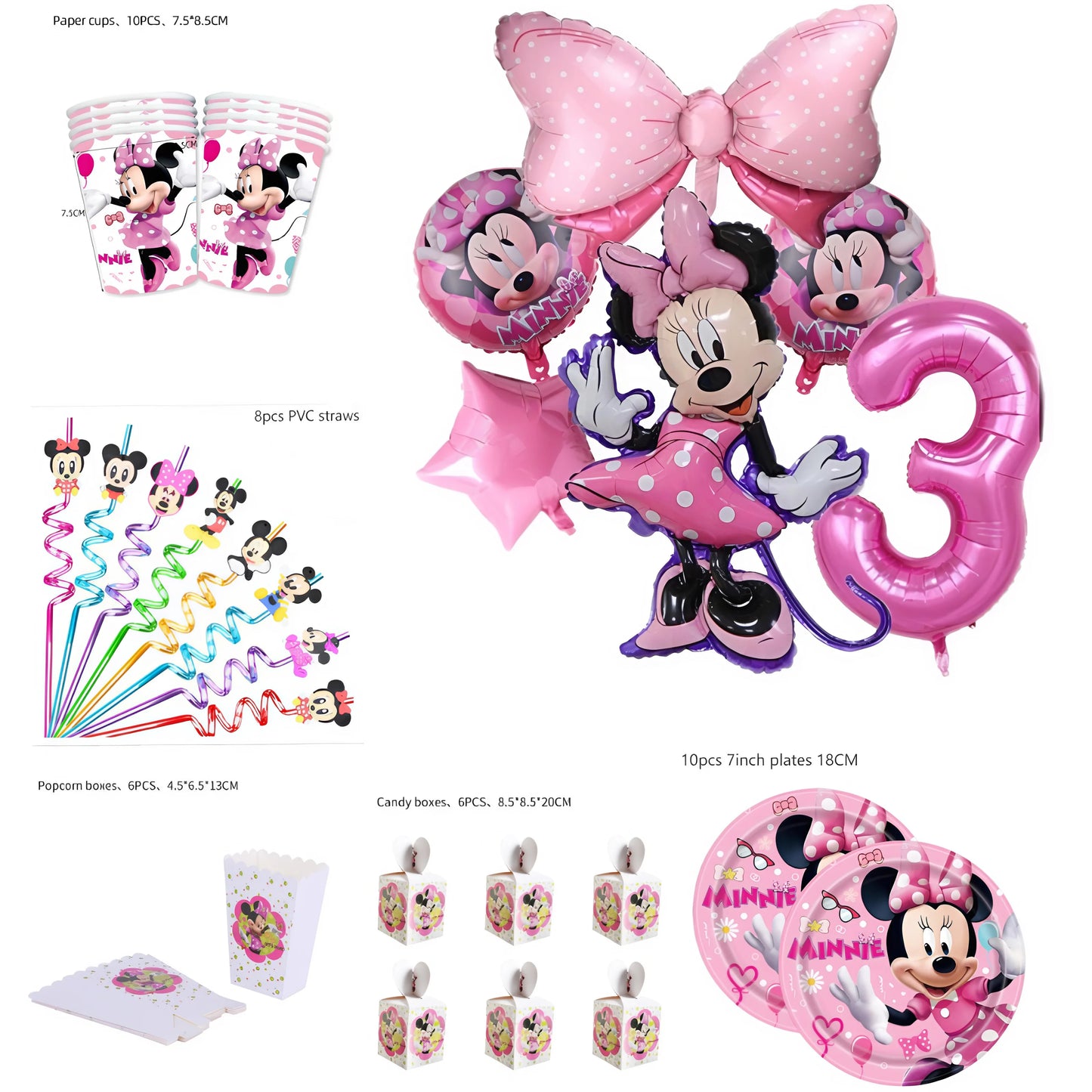 Disney Minnie Mouse Birthday Party Decoration Tableware Cup Plate Tablecloth Set Balloons Party Theme supplies Banner Background