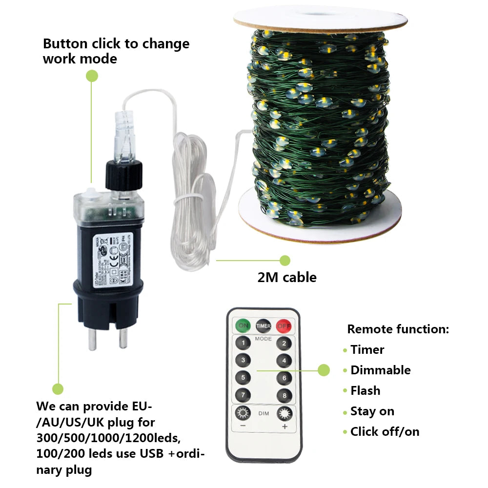 1 件装 500/1000LED 仙女灯串圣诞花环户外装饰灯防水带遥控器适用于树街婚礼派对