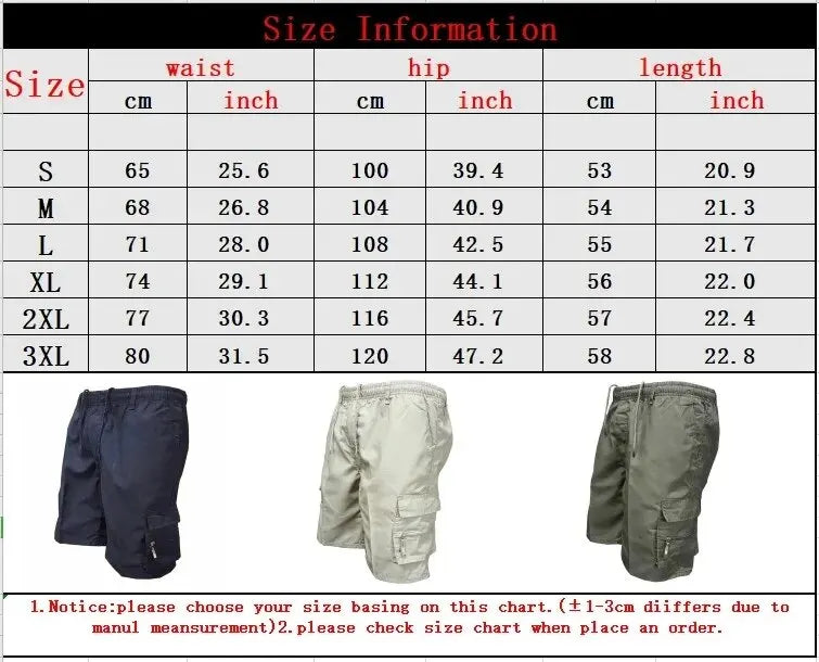 Outdoor Cargo Shorts Male Overalls Elastic Waist Cycling Shorts Multi-pockets Loose Work Sport Knee Length Trousers