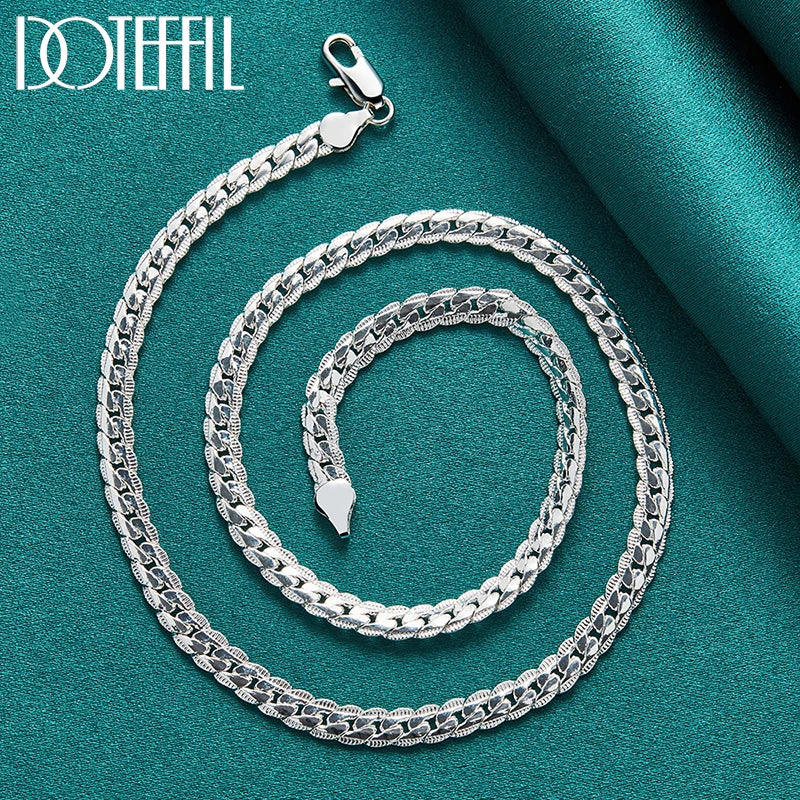 DOTEFFIL 925 Sterling Silver 6mm Side Chain 16/18/20/22/24 Inch Necklace For Women Man Fashion Wedding Engagement Jewelry Gifts