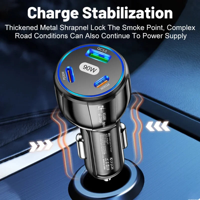 90W QC3.0 PD Type C USB Car Charger 3-in-1 Fast Charging for IPhone 14 Xiaomi Samsung Charger Cigarette Lighter Adapter Charger