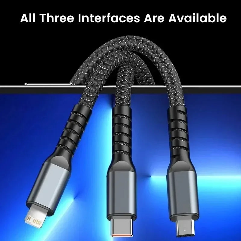 New Luminescent 100W Transparent Three In One Super Fast Charging Data Cable Suitable For Android, Huawei, And Honor Phone Data