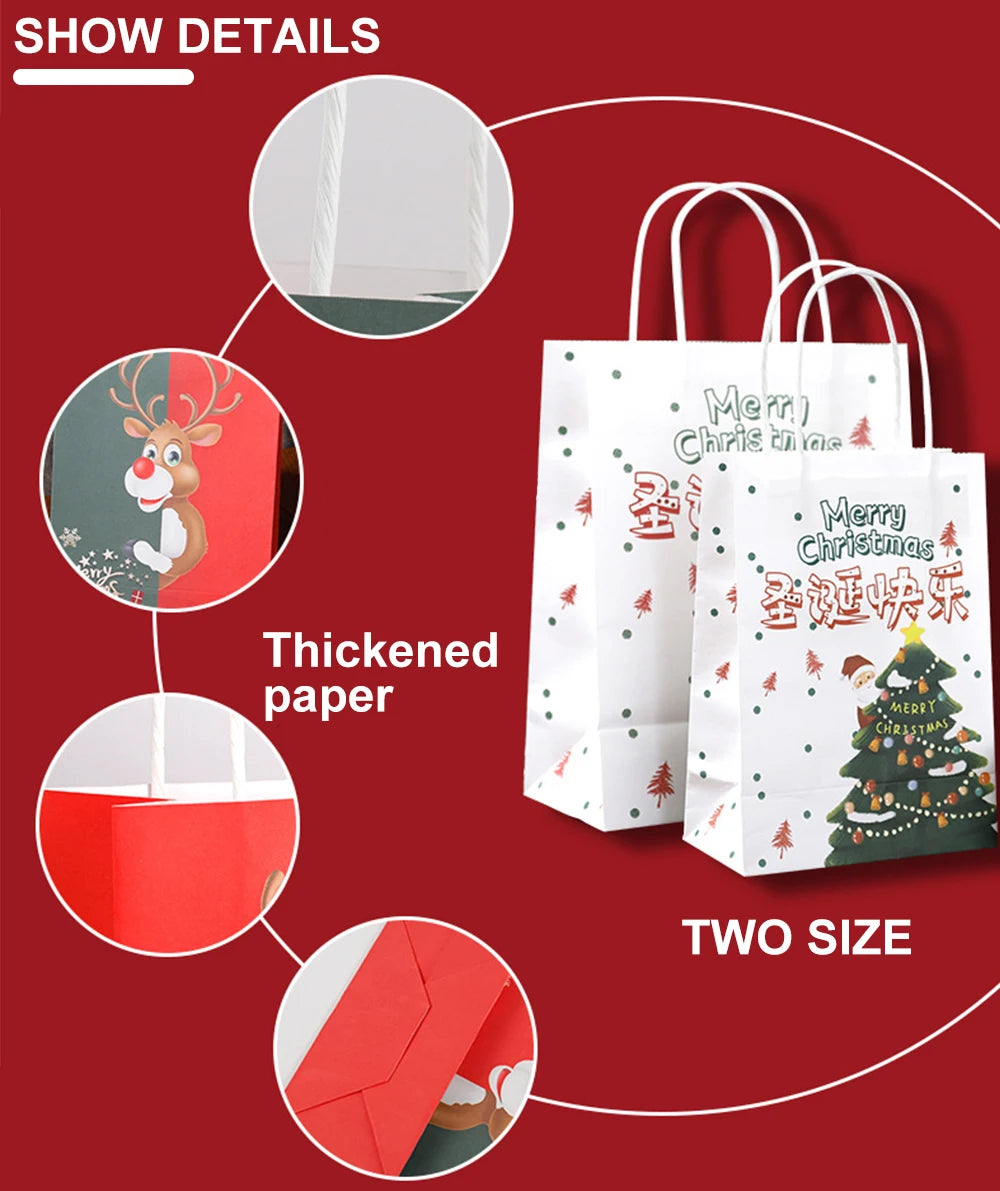 Christmas Kraft Paper Bags 2024 New Year Cute Santa Claus Gift Box Holiday Party Children Candy Cookie Packaging Bag with Handle