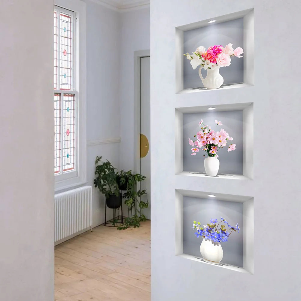 3 Pcs 3D Three-dimensional Simulation Window Flower Wall Sticker Vase Household