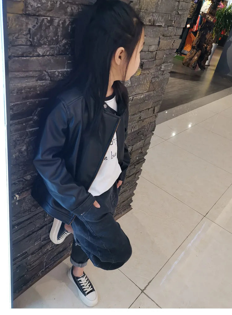 2024 Autumn Children Girl PU Leather Motorcycle Jacket 1-10 Years Kid Little Girl Outerwear Coat Infant Baby Girl Catwalk Outfit