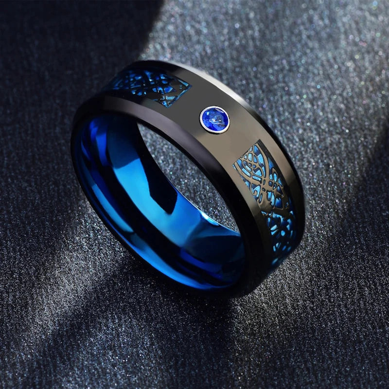 Tungsten Carbide Ring 8mm Men and Women Wedding Engagement Ring Blue Carbon Fiber Zircon Inlaid Dragon Pattern Daily Date Wear