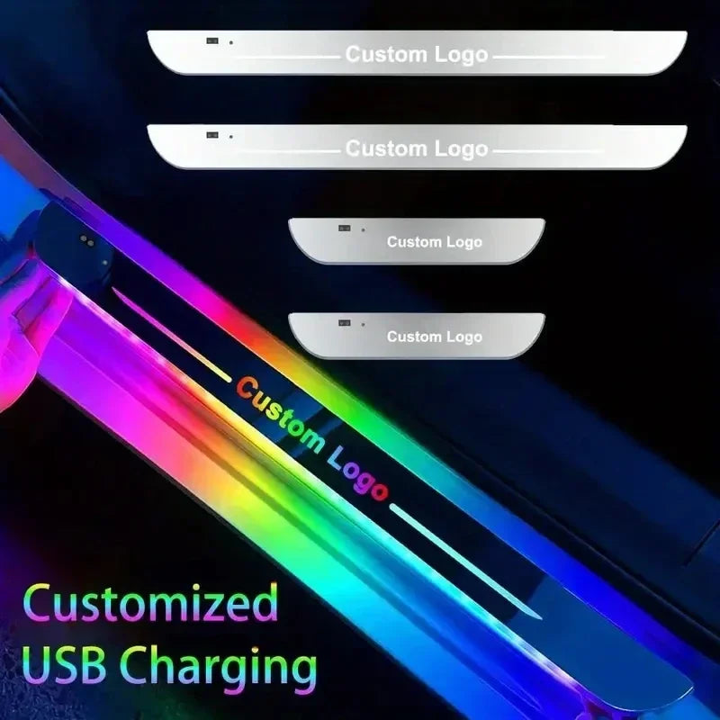 2/4 قطع من مصابيح عتبة باب السيارة المخصصة المضيئة بشعار ضوئي مزود بمنفذ USB ومصباح LED متحرك ولوحة دواسة ترحيب